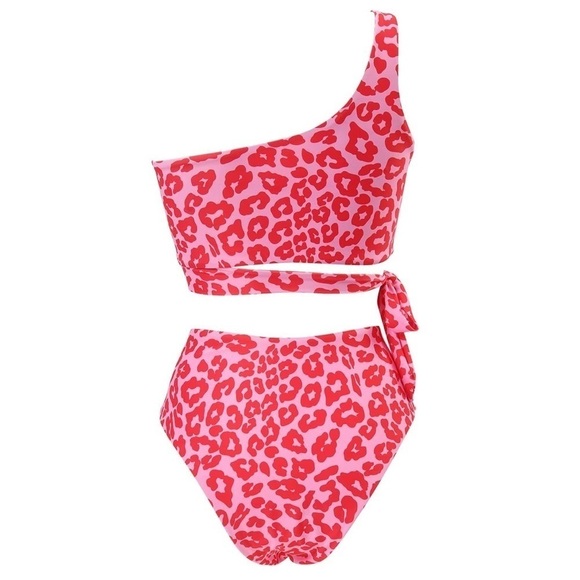 Pink Leopard One Shoulder High Waisted Bikini Tie High Cut Two Piece Swimsuits L - Picture 4 of 12